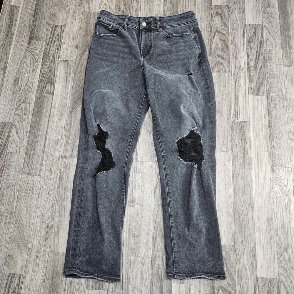 Express Boyfriend Mid Rise Jeans Womens 6 Black Charcoal Distressed Knees Grunge